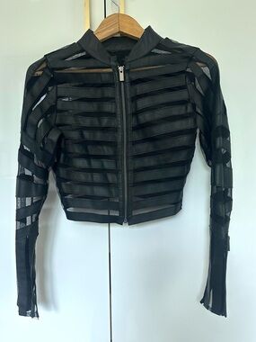 BEBE Genuine Leather Mesh Cage Cropped Moto Jacket Black small